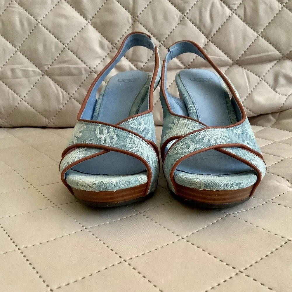 FINAL SALE! New UGG Hazel Blue Denim Logo Wedge Sandals mismatch size 5 & 5.5 - Picture 7 of 15